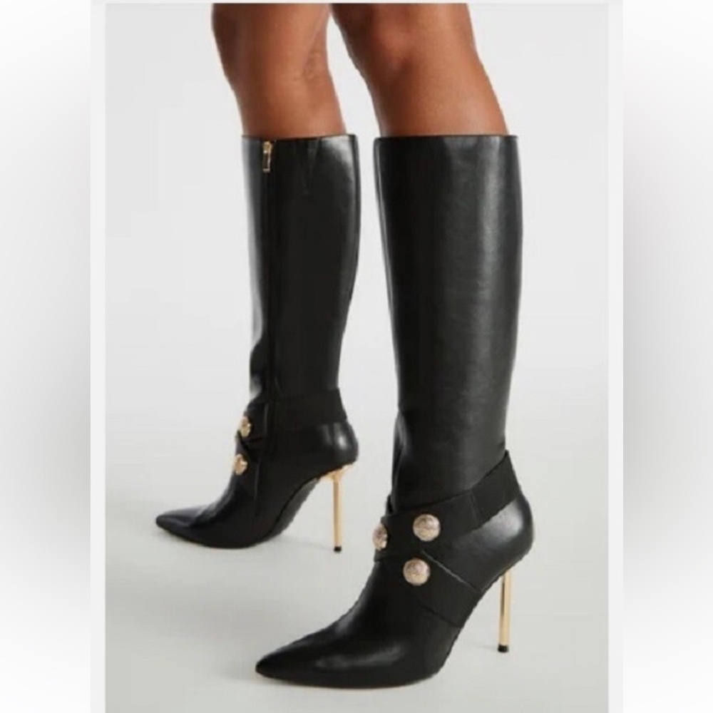 Shoe Dazzle Black Knee-High Pointed Toe Stiletto Boots with Gold Accents